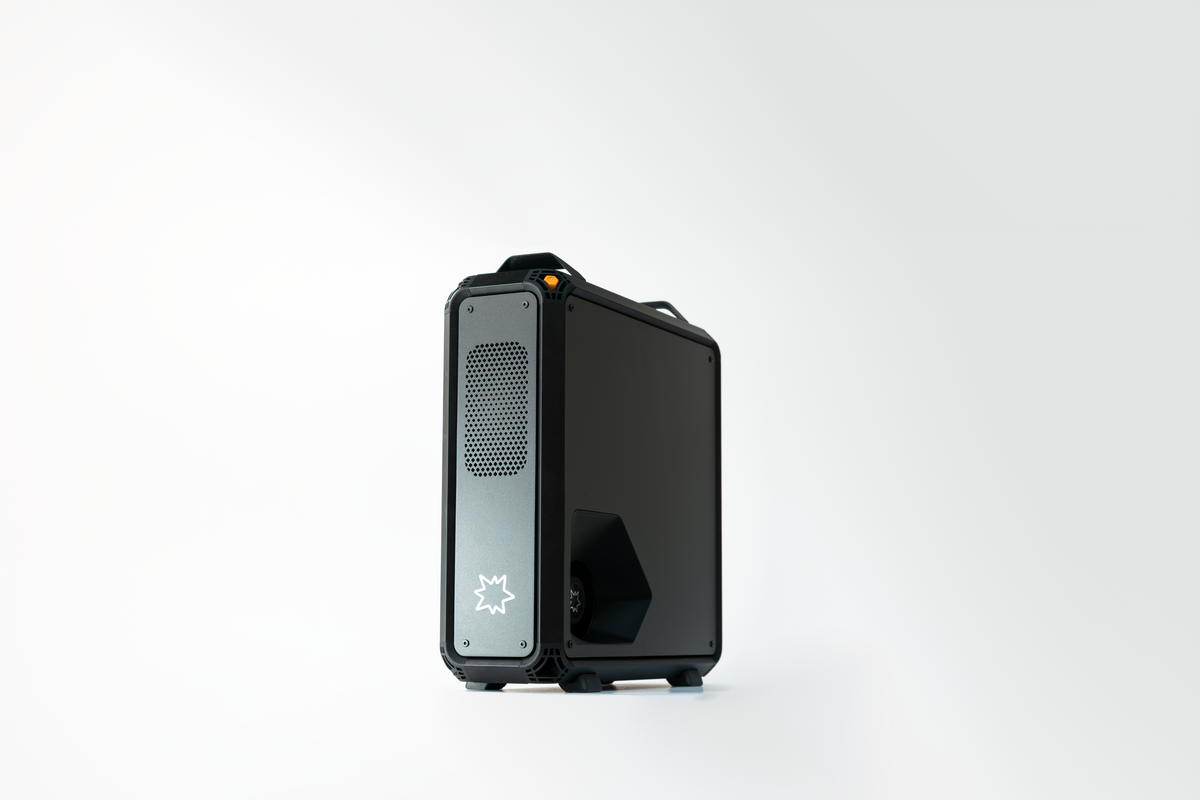 Lucebox server standing in a white studio, front three-quarter view