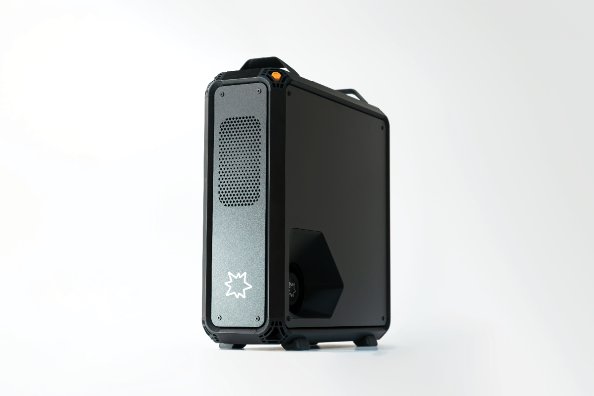 Lucebox server on a white background, front three-quarter view from a wider angle