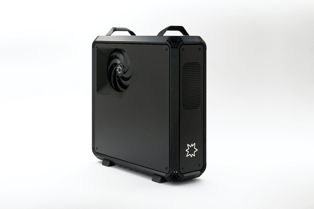 Lucebox server on a white background, side panel with the fan intake