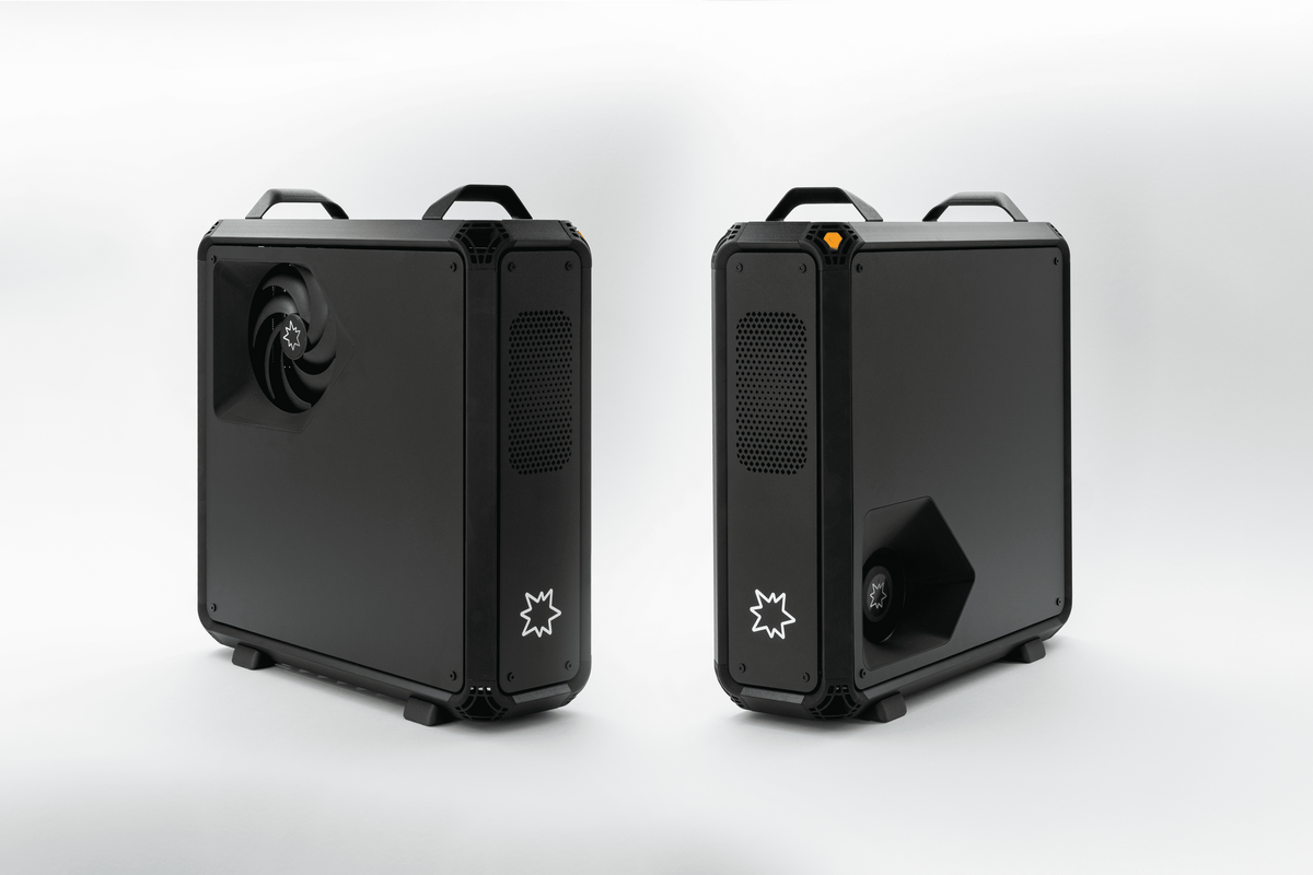 Two black Lucebox servers side by side, fan panel and front panel