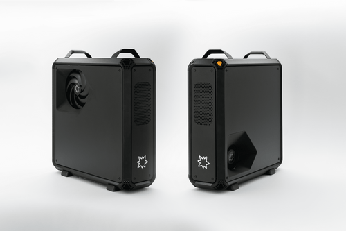 Two black Lucebox servers side by side, fan panel and front panel